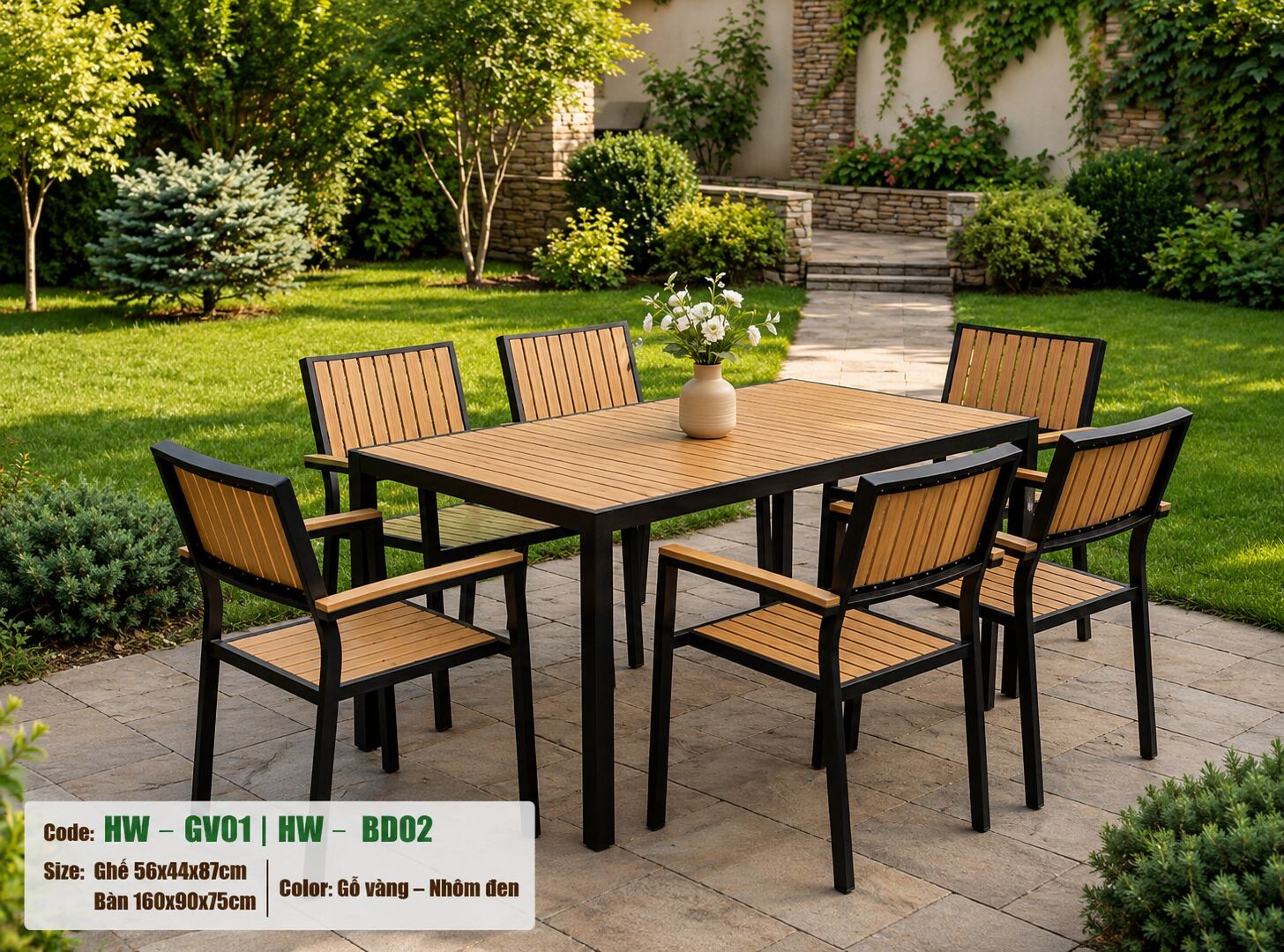 Bộ bàn DÀI + 6 ghế sân vườn HW-BBD/VĐ MÀU VÀNG