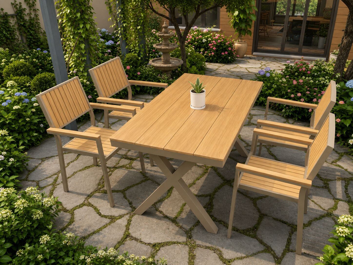 Bộ bàn ngoài trời chân chữ X và 4 ghế sân vườn HW-BBxX màu vàng