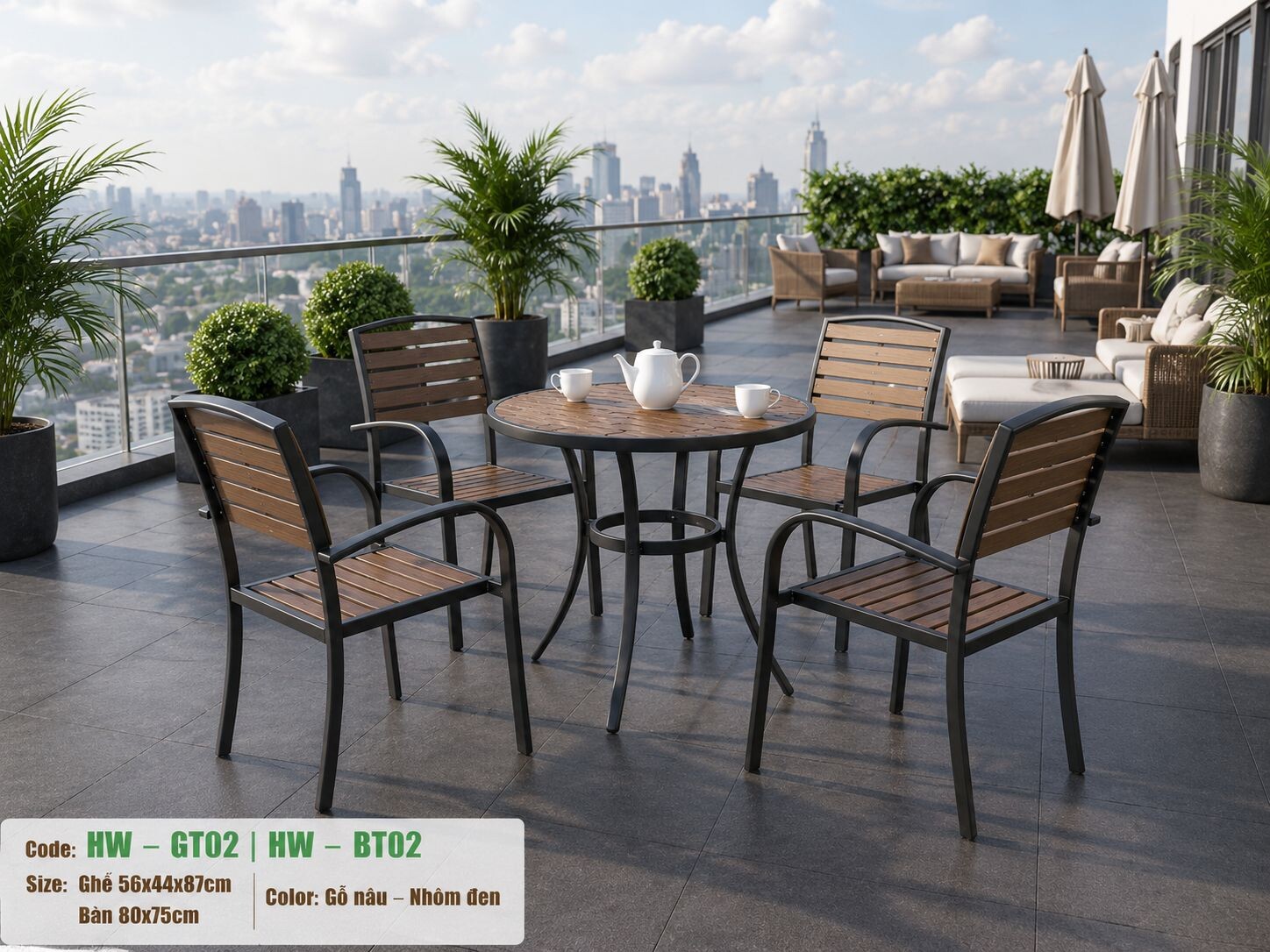 Bộ bàn tròn cà phê 4 ghế sân vườn HW-BBT màu nâu
