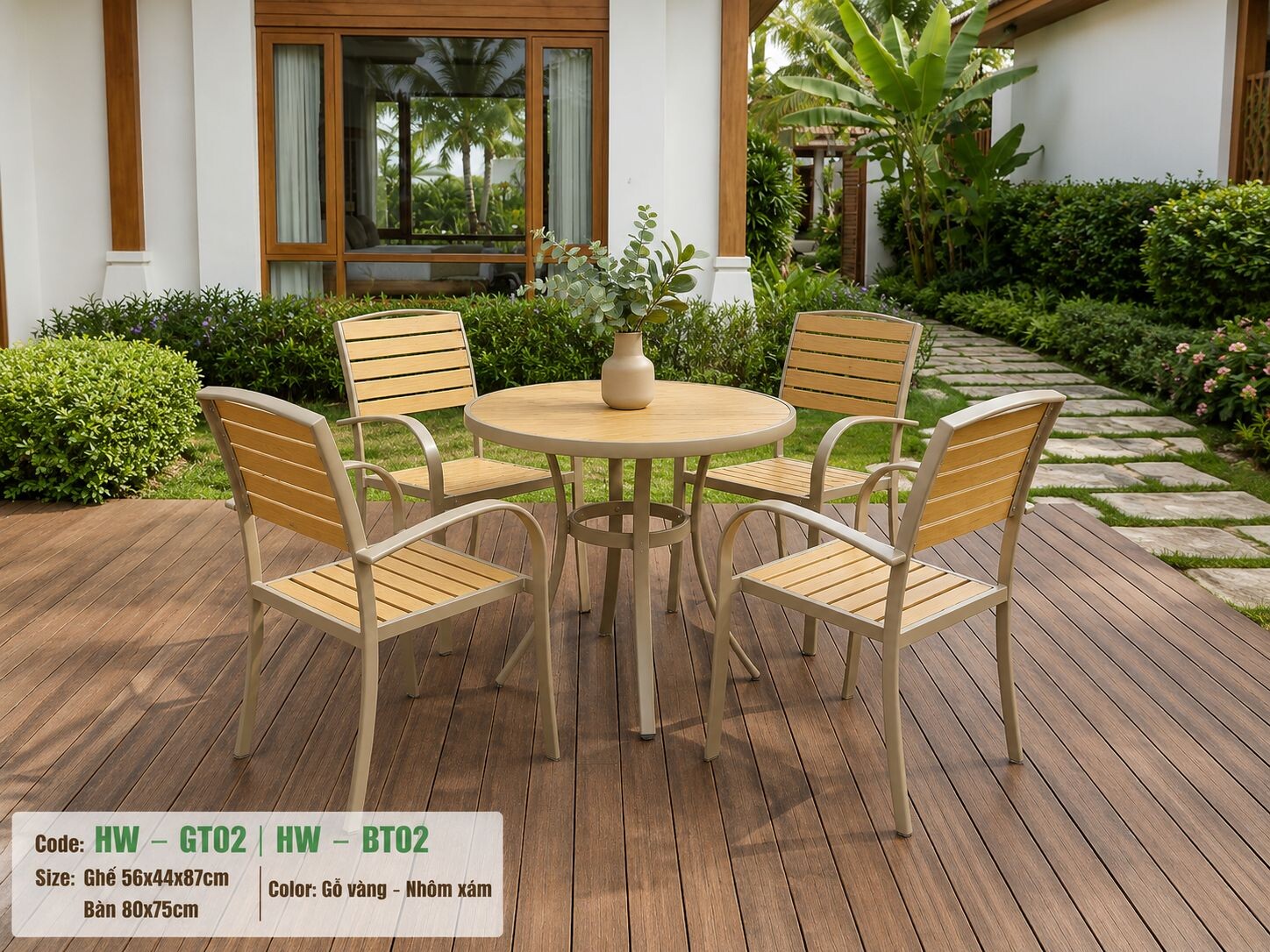 Bộ bàn tròn cà phê 4 ghế sân vườn HW-BBTVX màu vàng