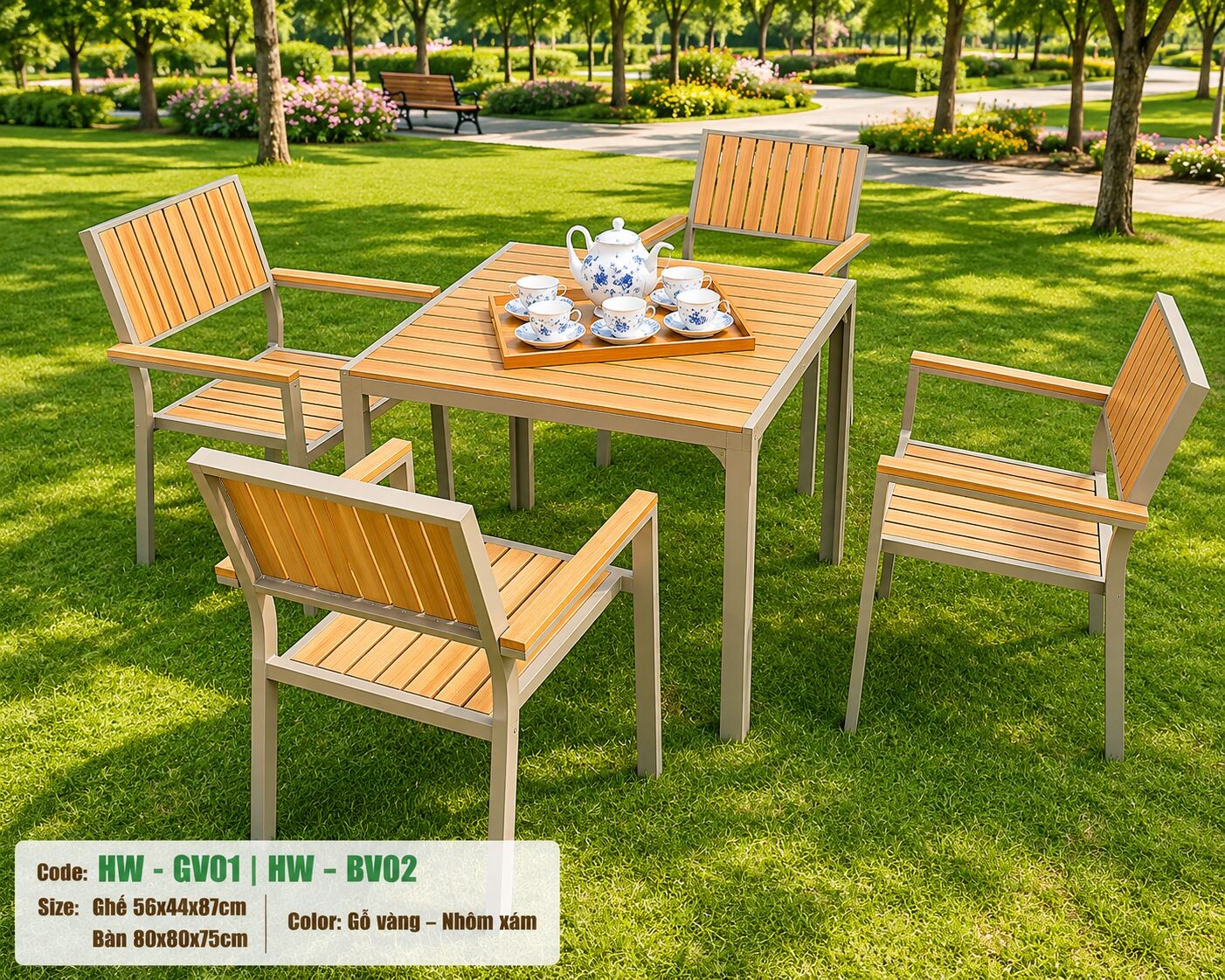 Bộ bàn VUÔNG + 4 ghế sân vườn HW-BBV MÀU VÀNG