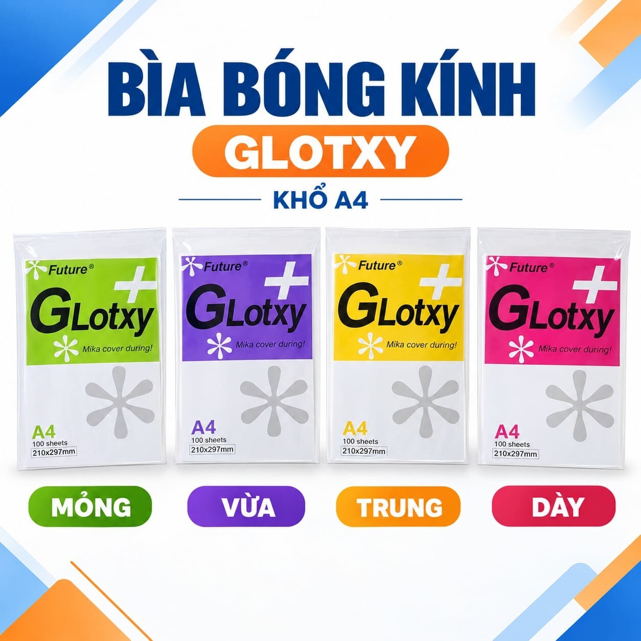 Bìa bóng kính Glotxy các size ( Bìa Mica Glotxy đủ size )