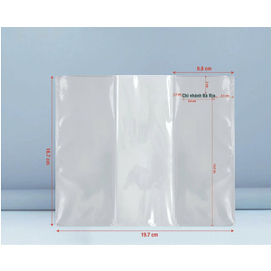 Bản trải bìa PVC bọc sổ tiết kiệm ghi kích thước 19,7 × 16,7 cm và phần gấp 6,8 cm