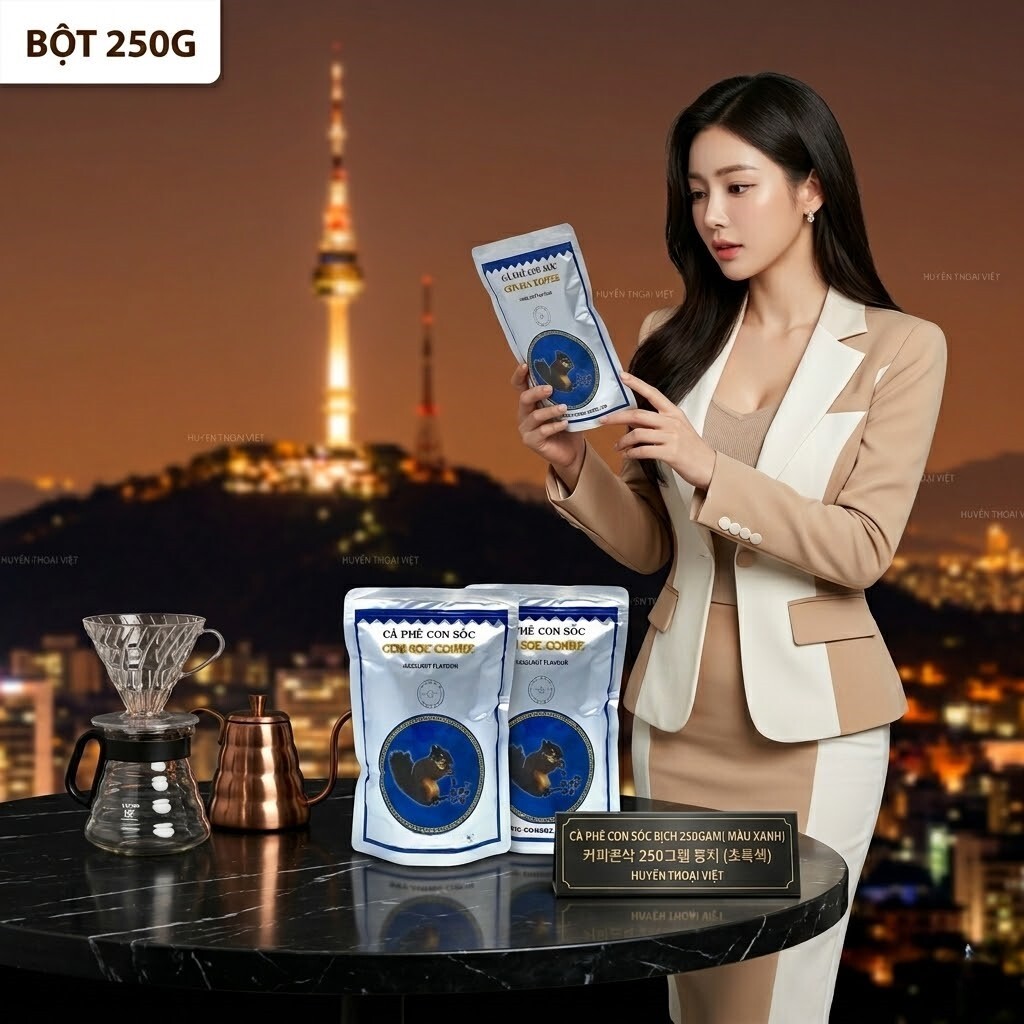 Cà phê Con Sóc Xanh Bịch 250gram 커피콘삭 250그램 봉지 (초록색) hương hạt dẻ cực ngon