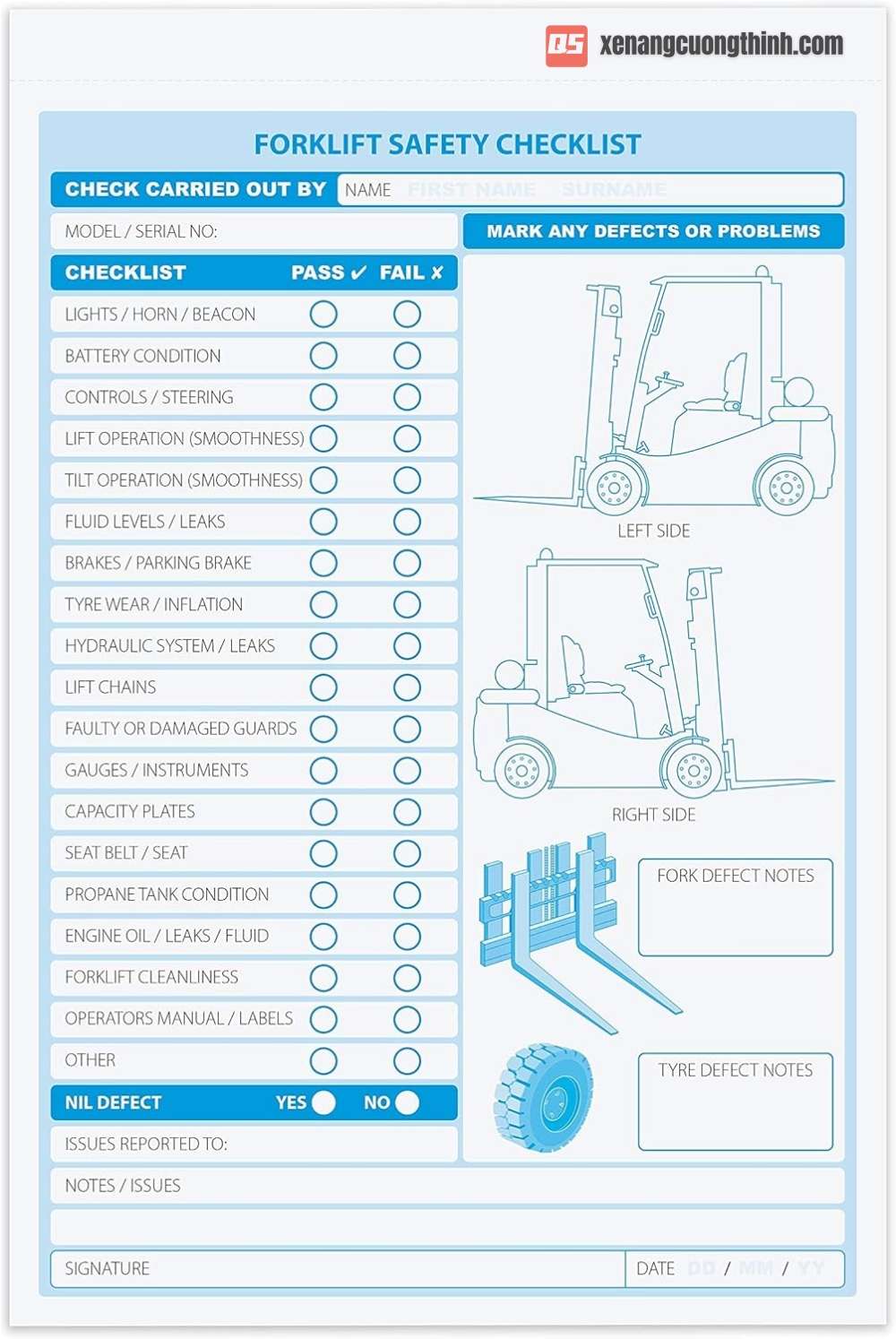 Biểu mẫu checklist kiểm tra xe nâng định kì (tham khảo)