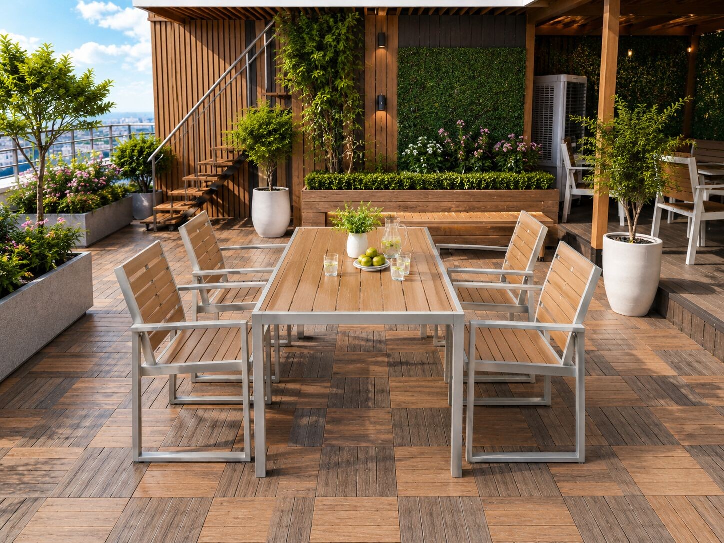 Bộ bàn 4 ghế đơn gỗ nhựa sân vườn SW-L005