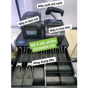 Bộ 4 thiết bị bán hàng cho shop: Máy in tem mã vạch, Máy in hóa đơn, Máy quét mã vạch, Ngăn kéo đựng tiền