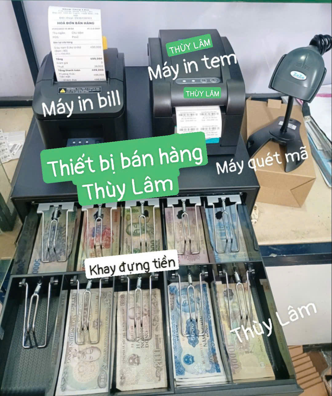 Bộ 4 thiết bị bán hàng cho shop: Máy in tem mã vạch, Máy in hóa đơn, Máy quét mã vạch, Ngăn kéo đựng tiền