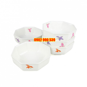 Bộ 5 Chén Sứ Bát Giác Hoa Lan Có Triện