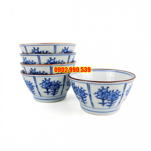 Bộ 5 Chén Sứ Men Lam Viền Socola Có Triện