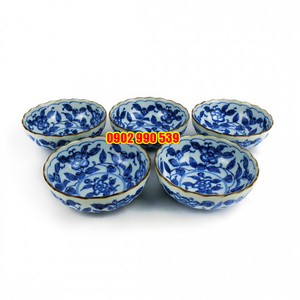 Bộ 5 Chén Sứ Nhỏ Men Lam Vẽ Tay Viền Socola Có Triện