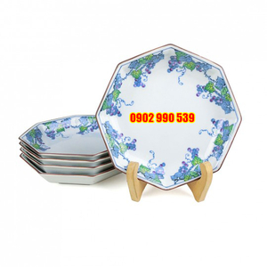 Bộ 5 Dĩa Sứ Bát Giác Men Lam Trái Nho Viền Nâu