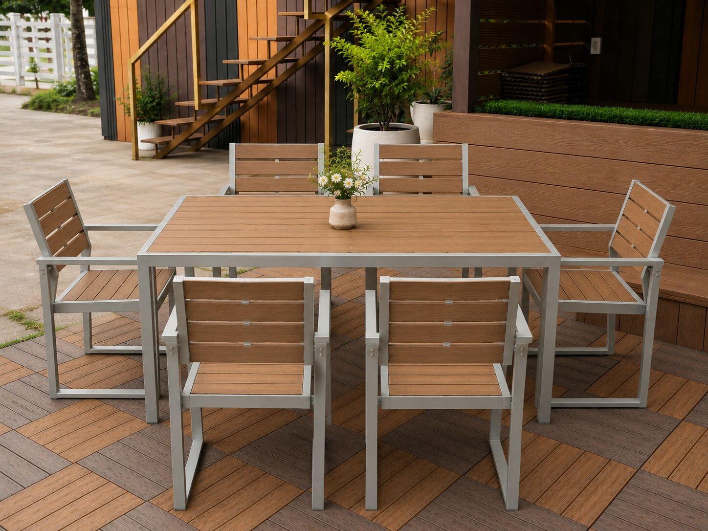 Bộ bàn 6 ghế đơn gỗ nhựa sân vườn SW-L001
