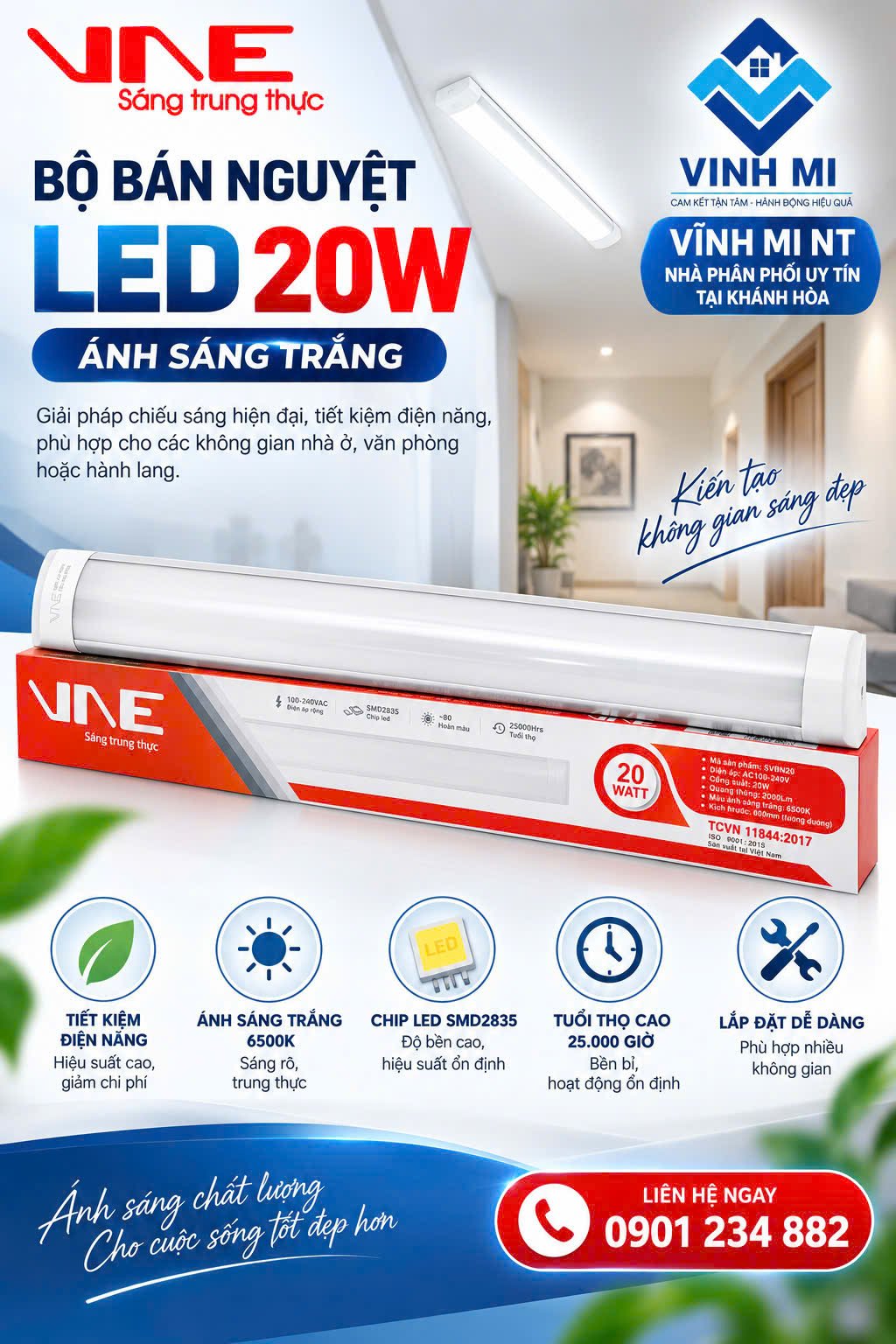 Bộ bán nguyệt LED 20W nhãn VNE, ánh sáng trắng