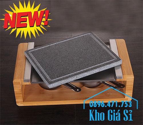 Bộ đá nướng thịt Hàn Quốc BBQ hình chữ nhật có giá đỡ bằng gỗ giữ nóng bằng cồn