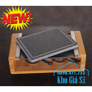 Bộ đá nướng thịt Hàn Quốc BBQ hình chữ nhật có giá đỡ bằng gỗ giữ nóng bằng cồn