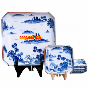 Bộ Dĩa Sứ Vuông Sâu Lòng Phong Cảnh Có Triện