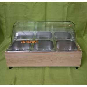 Bộ khay trưng bày đồ ăn topping inox, khung gỗ, nắp nhựa PC; khay đồ ăn buffet