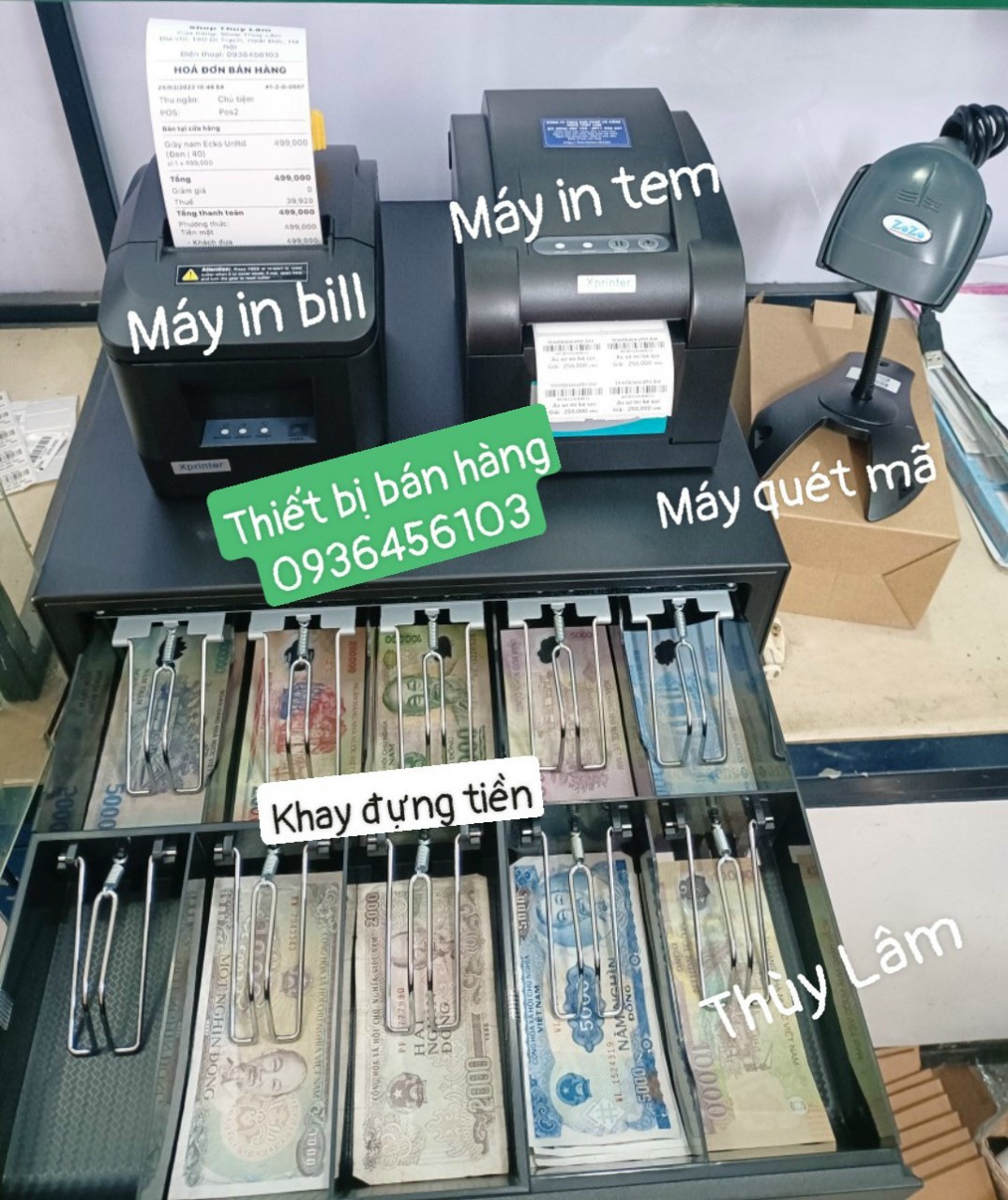 Thiết bị bán hàng cho shop: Máy in tem, Máy in bill, Máy quét mã, Khay đựng tiền