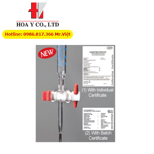 Buret thủy tinh AS-class, vạch chia xanh, USP, 10-50ml, GLASSCO