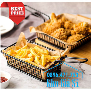 Giỏ inox chữ nhật màu đen có tay cầm đựng khoai tây chiên, gà rán KFC