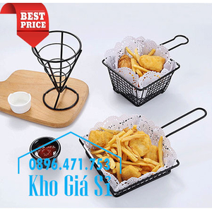 Giỏ inox chữ nhật màu đen có tay cầm đựng khoai tây chiên, gà rán KFC