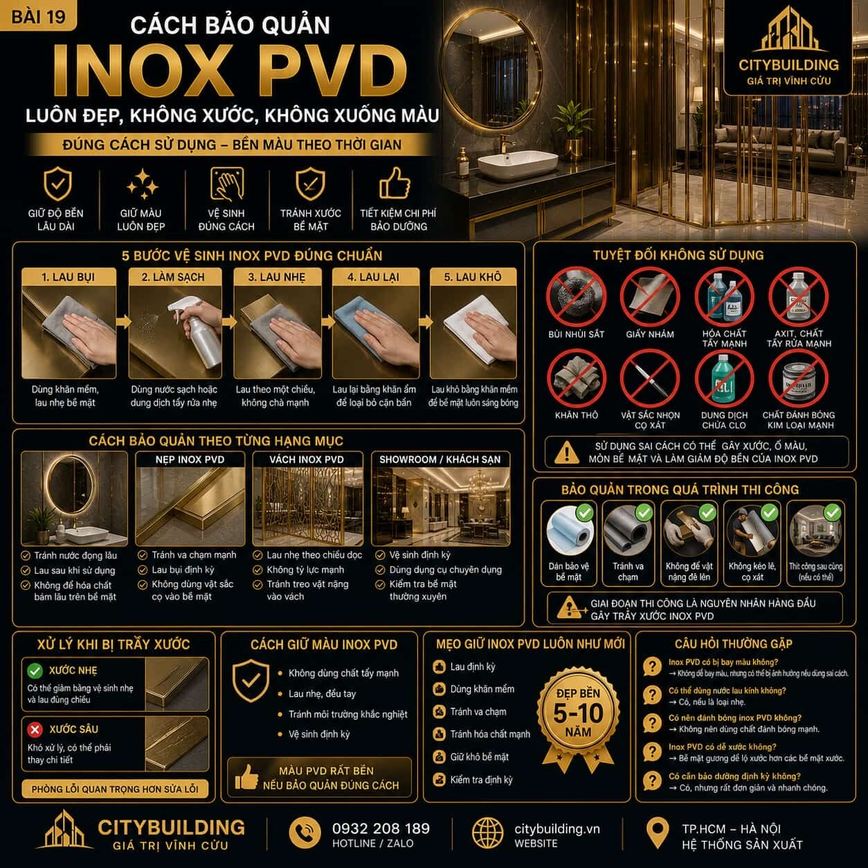 CÁCH BẢO QUẢN INOX PVD LUÔN ĐẸP, KHÔNG XƯỚC, KHÔNG XUỐNG MÀU