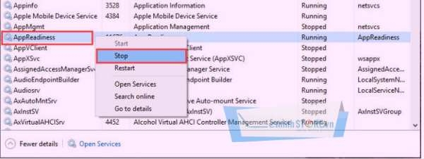hấn chuột phải vào AppReadiness, chọn Stop hấn chuột phải vào AppReadiness,chọn Stop