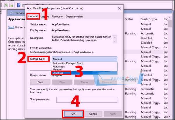 Chọn tab General > ở mục Startup type, bạn chọn giá trị Disabled > Nhấn OK để xác nhận Chọn tab General > ở mục Startup type, bạn chọn giá trị Disabled > Nhấn OK để xác nhận