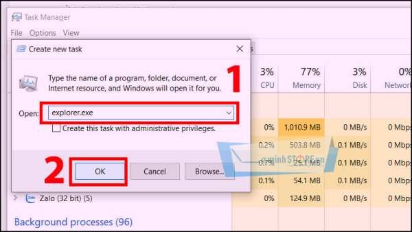 Nhập Explorer.exe sau đó chọn OK