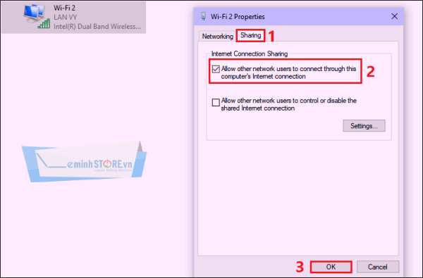 Trong cửa sổ Properties, bạn chuyển sang mục Sharing > Chọn Allow other network users to connect Trong cửa sổ Properties, bạn chuyển sang mục Sharing > Chọn Allow other network users to connect