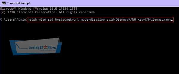 Bạn sẽ gõ câu lệnh: netsh wlan set hostednetwork mode=allow ssid=DienmayXANH key=KNHdienmayxanh Bạn sẽ gõ câu lệnh: netsh wlan set hostednetwork mode=allow ssid=leminhSTORE key=KNH leminhSTORE