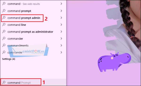 Trong Menu Start, bạn tìm kiếm Command Prompt (admin) Trong Menu Start, bạn tìm kiếm Command Prompt (admin)