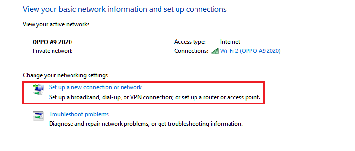 Trong cửa sổ Network and Sharing Center, bạn chọn Set up a new connection or network Set up a new connection or network