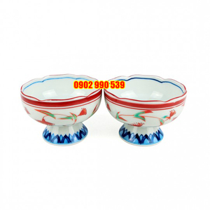 Cặp Chén Chân Cao Men Lam Viền Socola Có Triện