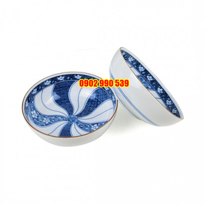 Cặp Chén Sứ Men Lam Viền Socola Có Triện