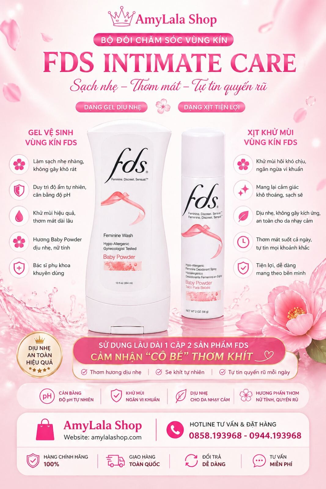 Cặp đôi Xịt thơm vùng kín Dung dịch vệ sinh phụ nữ dịu nhẹ FDS FEMININE BABY POWDER - 0858193968 - 0944193968 - www.amylalashop.com