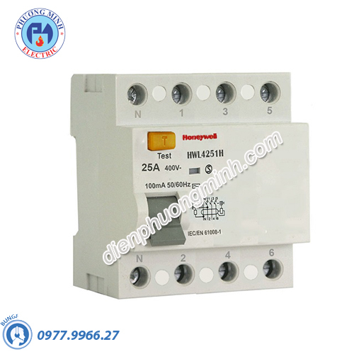 Cầu dao chống dòng rò RCD 4 cực 25A-100mA Honeywell - Model HWL4251H