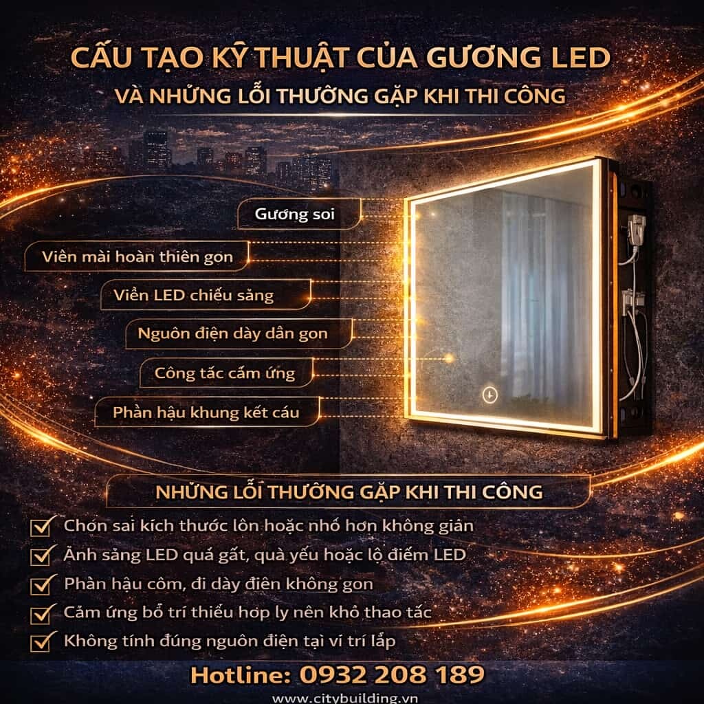 CẤU TẠO KỸ THUẬT CỦA GƯƠNG LED VÀ NHỮNG LỖI THƯỜNG GẶP KHI THI CÔNG