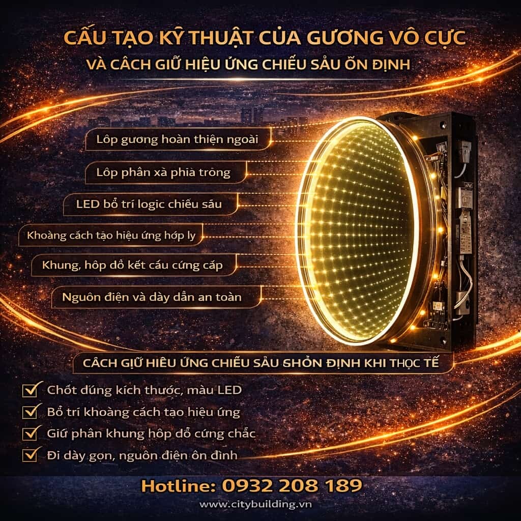 CẤU TẠO KỸ THUẬT CỦA GƯƠNG VÔ CỰC VÀ CÁCH GIỮ HIỆU ỨNG CHIỀU SÂU ỔN ĐỊNH