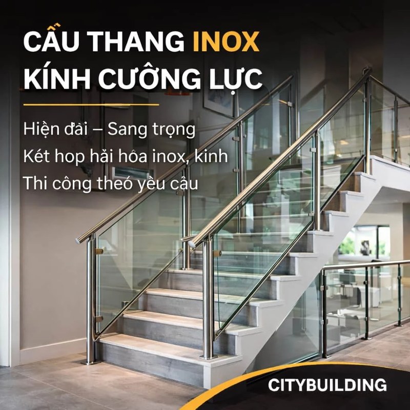Cầu thang inox kính cường lực tay vịn inox Citybuilding
