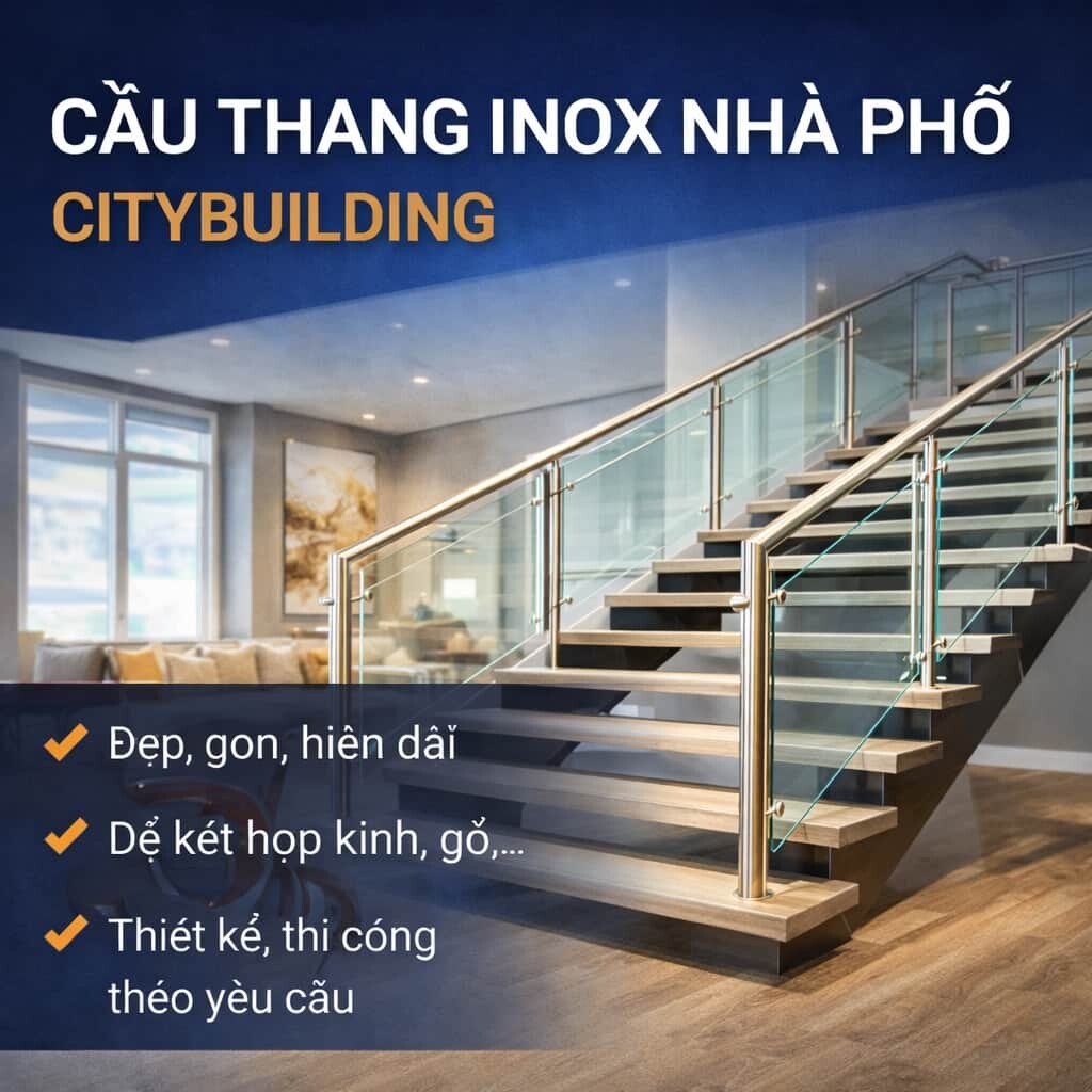 CẦU THANG INOX NHÀ PHỐ ĐẸP GỌN HIỆN ĐẠI PHÙ HỢP NHIỀU PHONG CÁCH CITYBUILDING