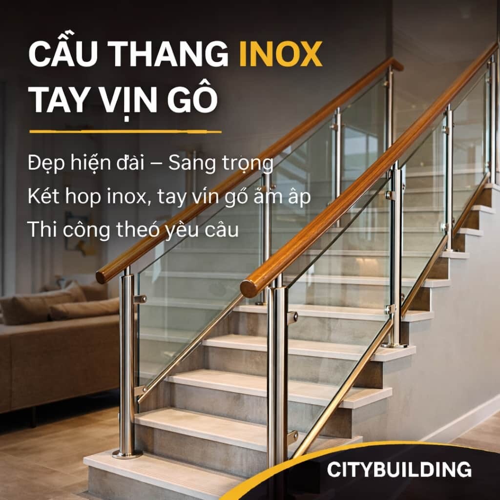 CẦU THANG INOX TAY VỊN GỖ ĐẸP HIỆN ĐẠI SANG TRỌNG CHO NHÀ PHỐ BIỆT THỰ CITYBUILDING