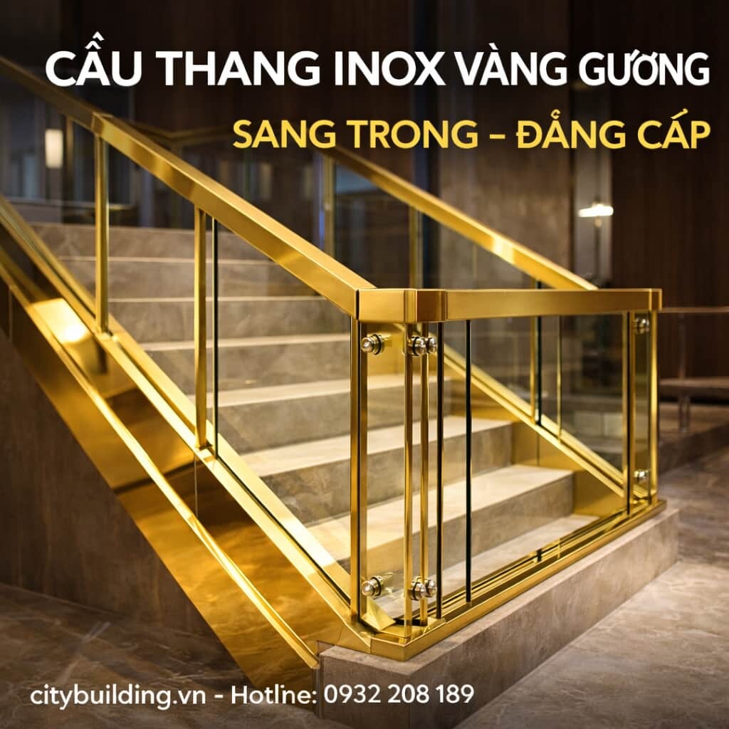 CẦU THANG INOX VÀNG GƯƠNG CITYBUILDING SANG TRỌNG ĐẲNG CẤP THI CÔNG THEO YÊU CẦU
