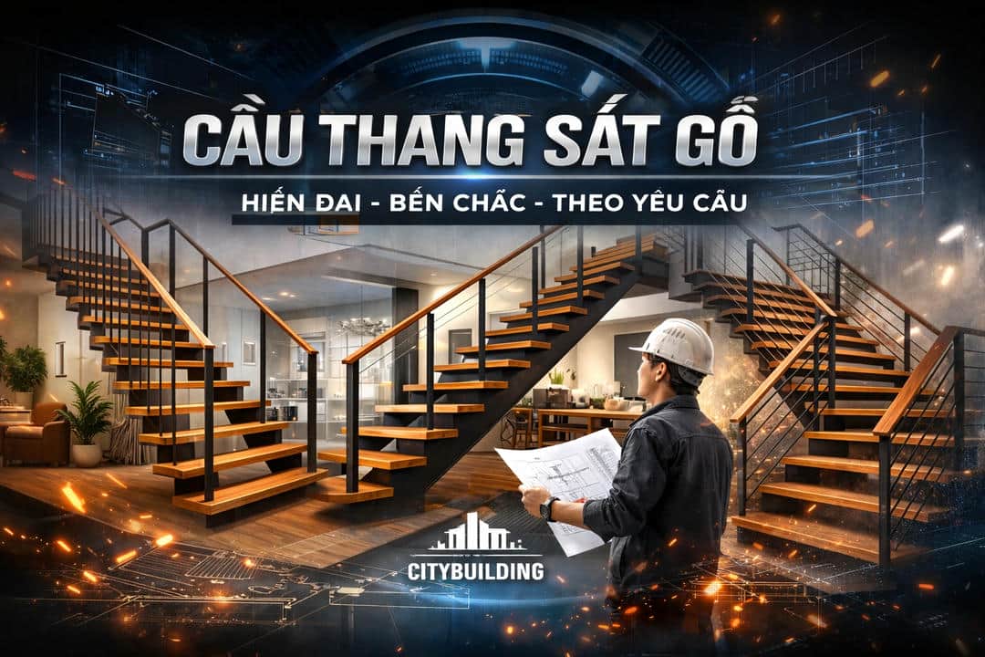 CẦU THANG SẮT GỖ ĐẸP HIỆN ĐẠI BỀN CHẮC THI CÔNG THEO YÊU CẦU CITYBUILDING