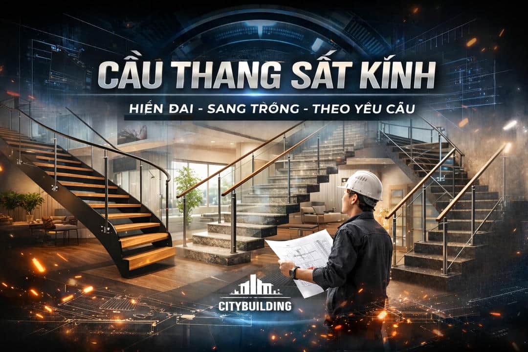 CẦU THANG SẮT KÍNH ĐẸP HIỆN ĐẠI SANG TRỌNG THI CÔNG THEO YÊU CẦU CITYBUILDING