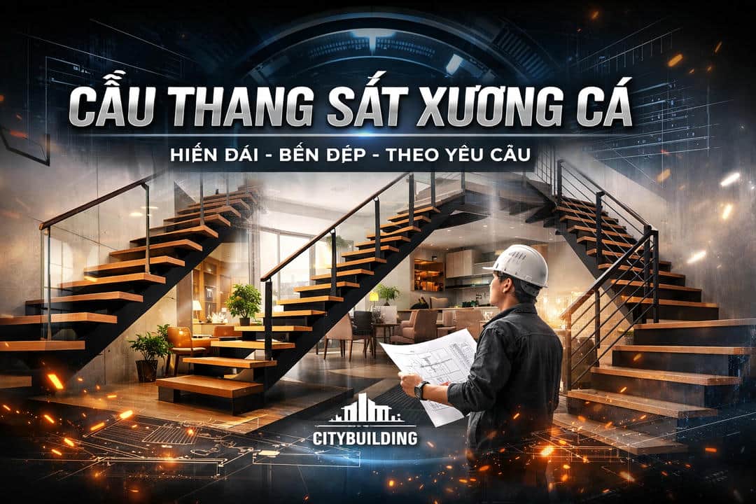 CẦU THANG SẮT XƯƠNG CÁ ĐẸP HIỆN ĐẠI THI CÔNG THEO YÊU CẦU CITYBUILDING