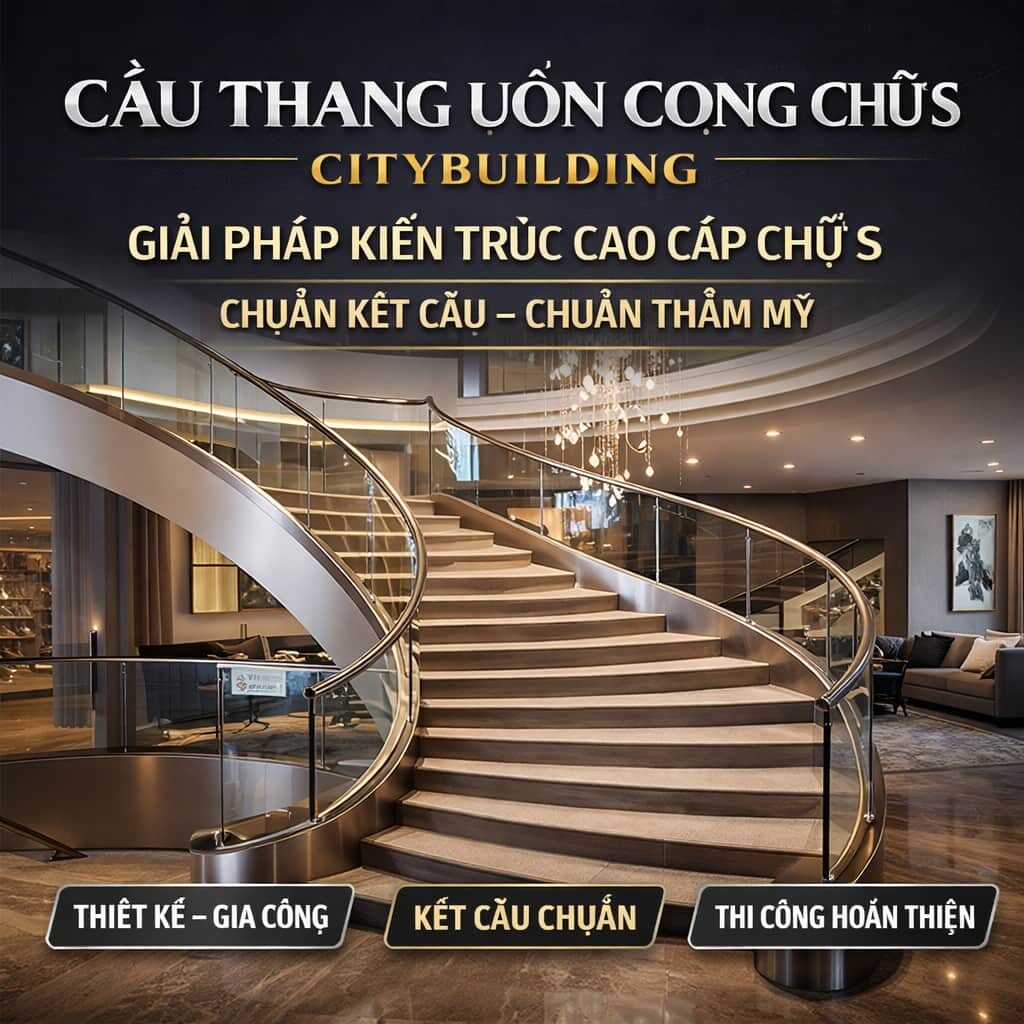 CẦU THANG UỐN CONG CHỮ S CITYBUILDING – THIẾT KẾ ĐẸP, KẾT CẤU CHUẨN, THI CÔNG THEO YÊU CẦU