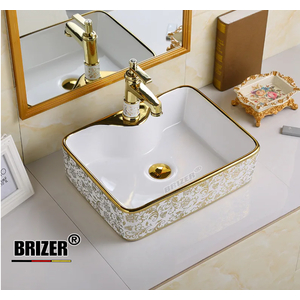 Chậu Lavabo Rửa Mặt Đặt Bàn Hoa Văn Vàng Brizer BZ8437