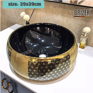 Chậu Lavabo Rửa Mặt Đặt Bàn Tròn Vàng Đen Brizer BZ8420
